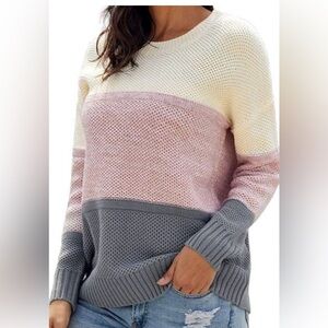 Womens Color Block Sweaters Long Sleeve Crewneck Pullover Knit